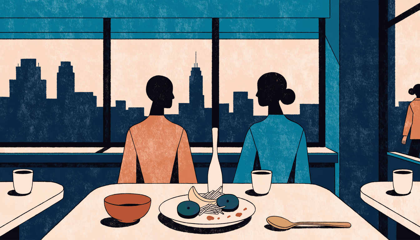 Warm editorial illustration of an elegant dining table set for two, a single plated dish and minimalist tableware, silhouette diners seen from behind against a city skyline at dusk.