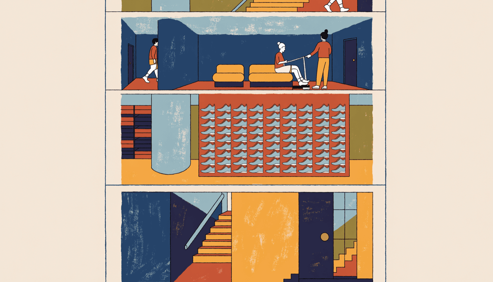 Illustration of a multi-storey store cross-section with staircases, shelves of running-shoe silhouettes and a small two-chair lounge