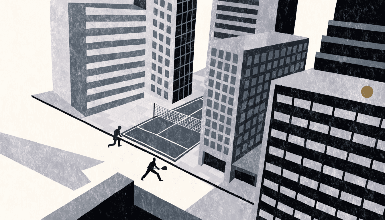 Illustration of an urban pop-up sports court between office towers