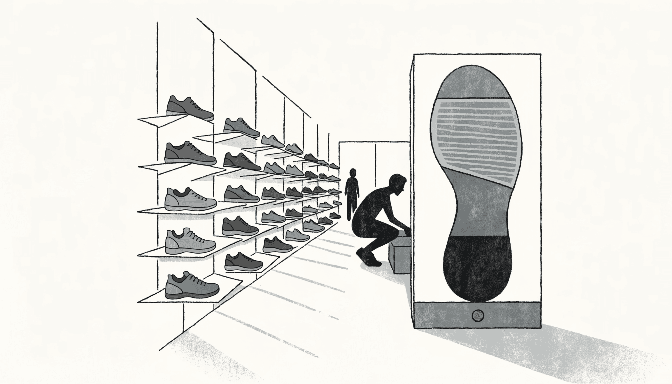 Flat-vector illustration of a sportswear shop wall lined with running and walking shoes on angled shelves, a silhouette shopper trying one on, beside an oversized abstract shoe-sole cross-section display panel.