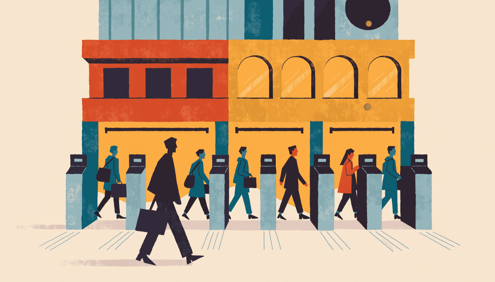 Editorial illustration of a modern railway-station retail building rising above ticket gates, drawn along a long diagonal concourse with a rooftop terrace against an open sky, a single small brass accent.