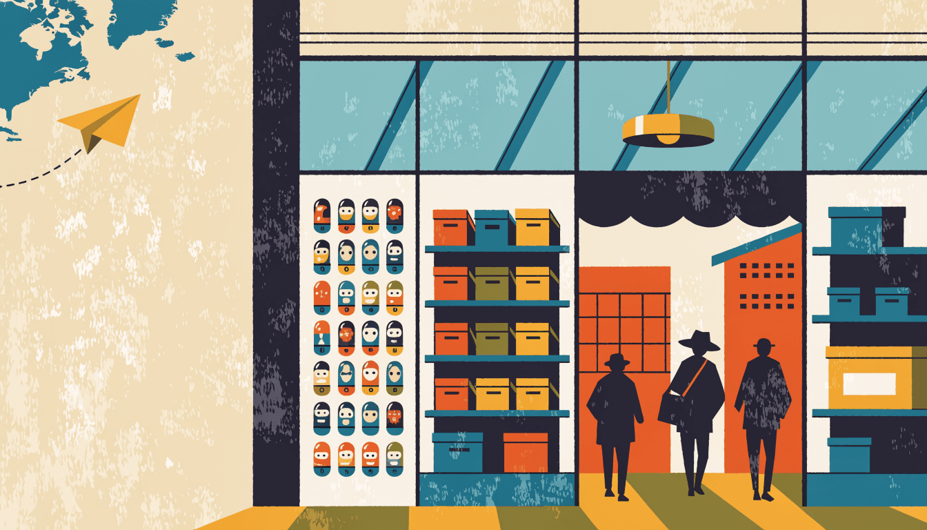 Editorial illustration of a character-goods shop seen through a glass mall frontage, with capsule-toy capsules and boxed-model shelves, shoppers in silhouette, and a paper plane arcing across a map of North America.