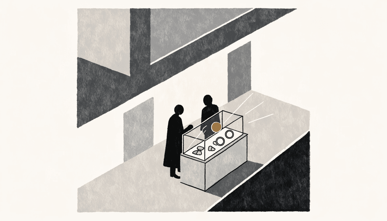 Near-monochrome editorial illustration of a small jewelry counter seen from above, a lit display case of rings and stones, two silhouette figures — customer and clerk — facing each other across the counter.