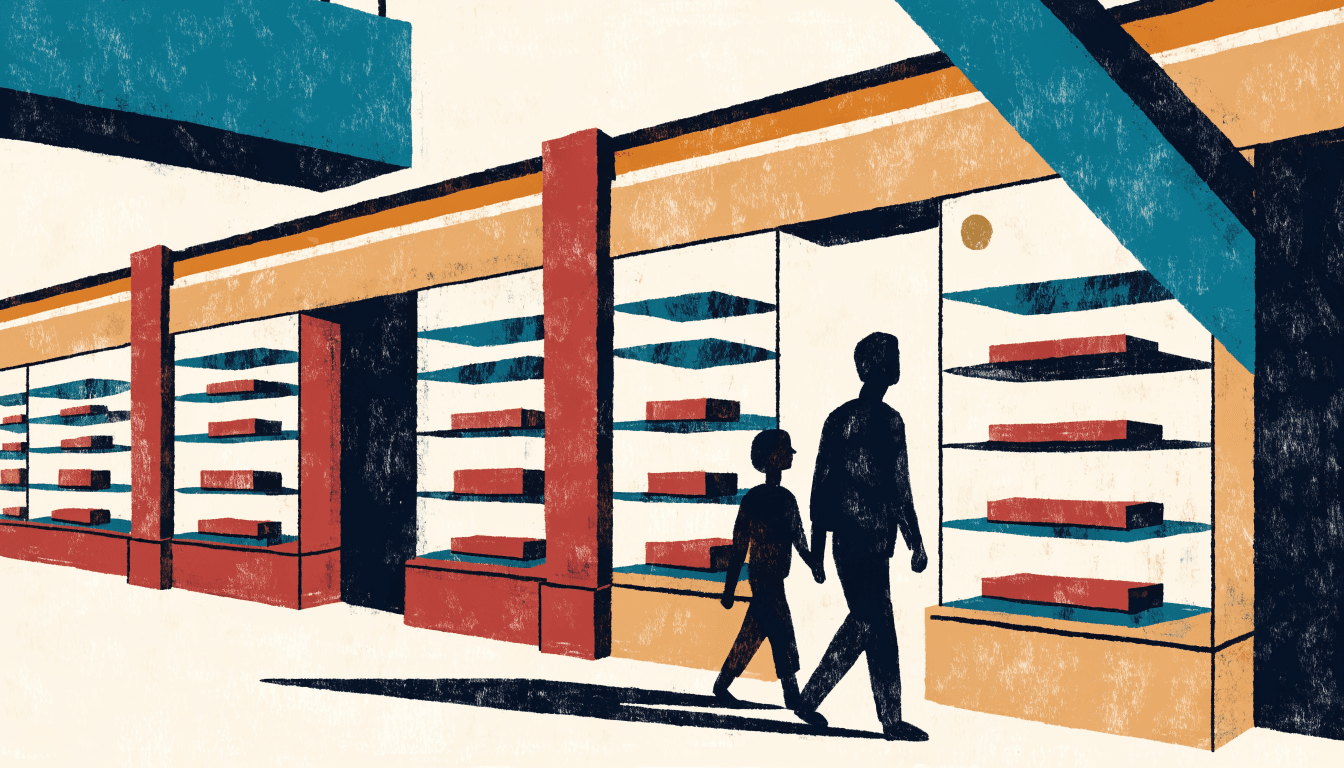 Illustration of a parent and child walking past boutique storefronts in a mall corridor