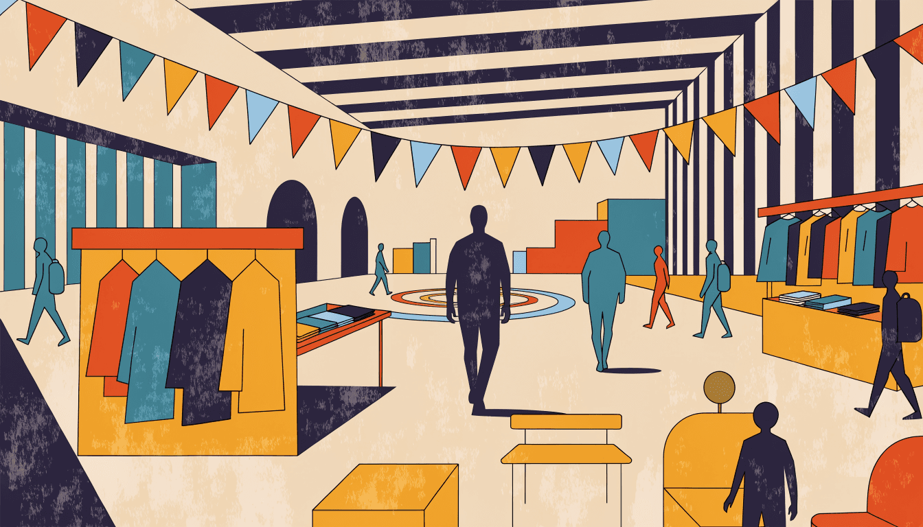 Bold flat-vector editorial illustration of a stadium gymnasium interior seen across a wide open floor, clusters of anonymous silhouette figures strolling as if through a park, bunting-like geometric shapes overhead, one small brass-gold accent, no readable text or logos.