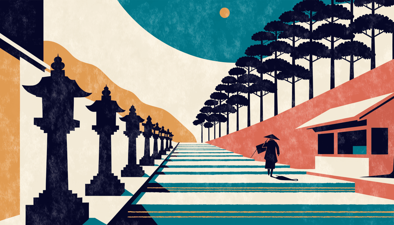 Bold, warm editorial illustration of a silhouette pilgrim in a conical hat walking up a long stone shrine stairway lined with rows of tall stone lanterns, with a small traditional shopfront and pine trees along the ascent, the Konpira Shrine approach at Kotohira under a soft morning sky.