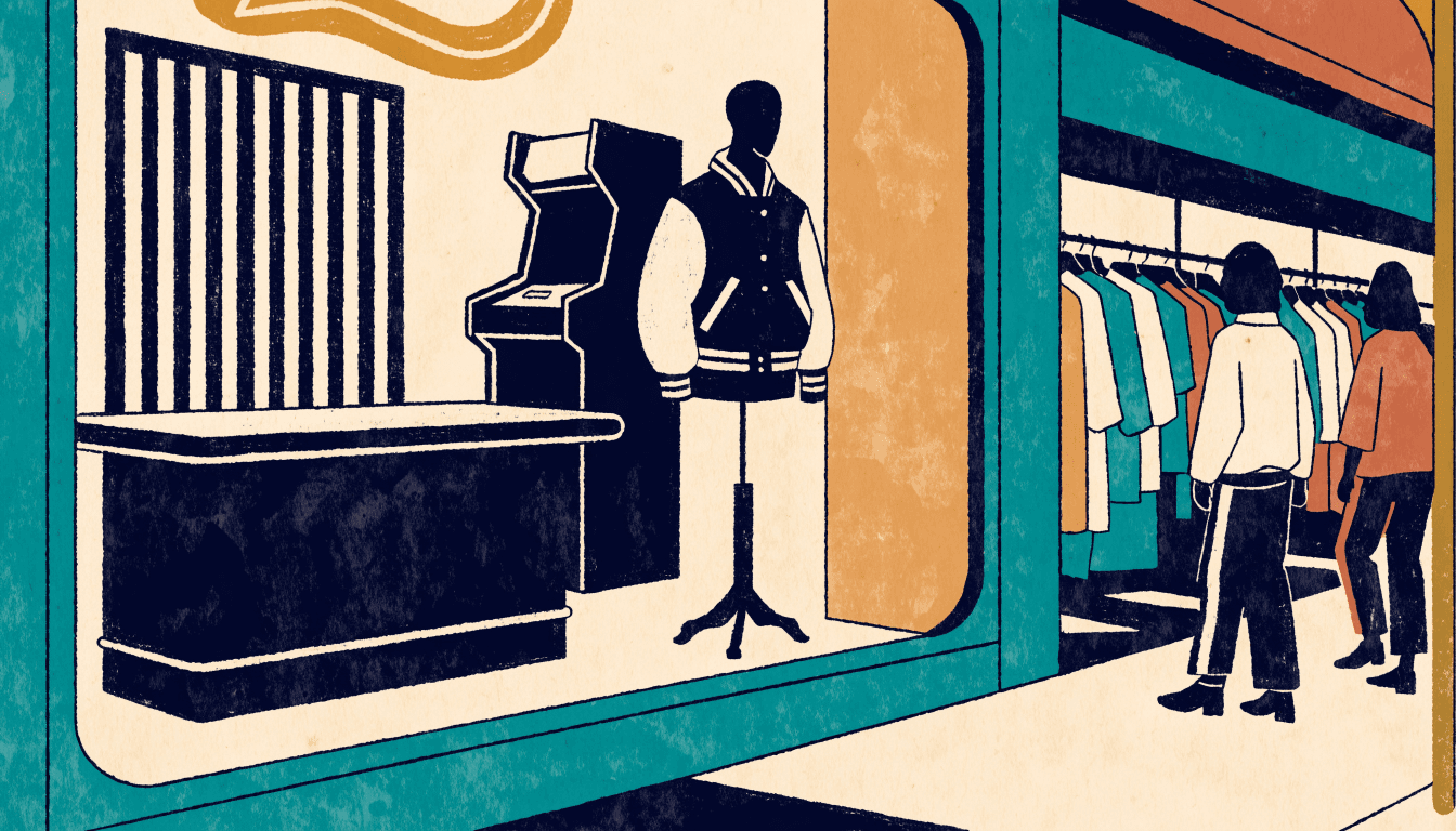 Editorial illustration of a shopping-centre apparel shop display with retro arcade and diner-style motifs evoking 1980s American youth culture.