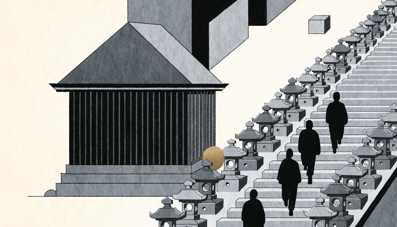Illustration of a small craft shop on a shrine's stone-step approach, with silhouetted visitors climbing the steps