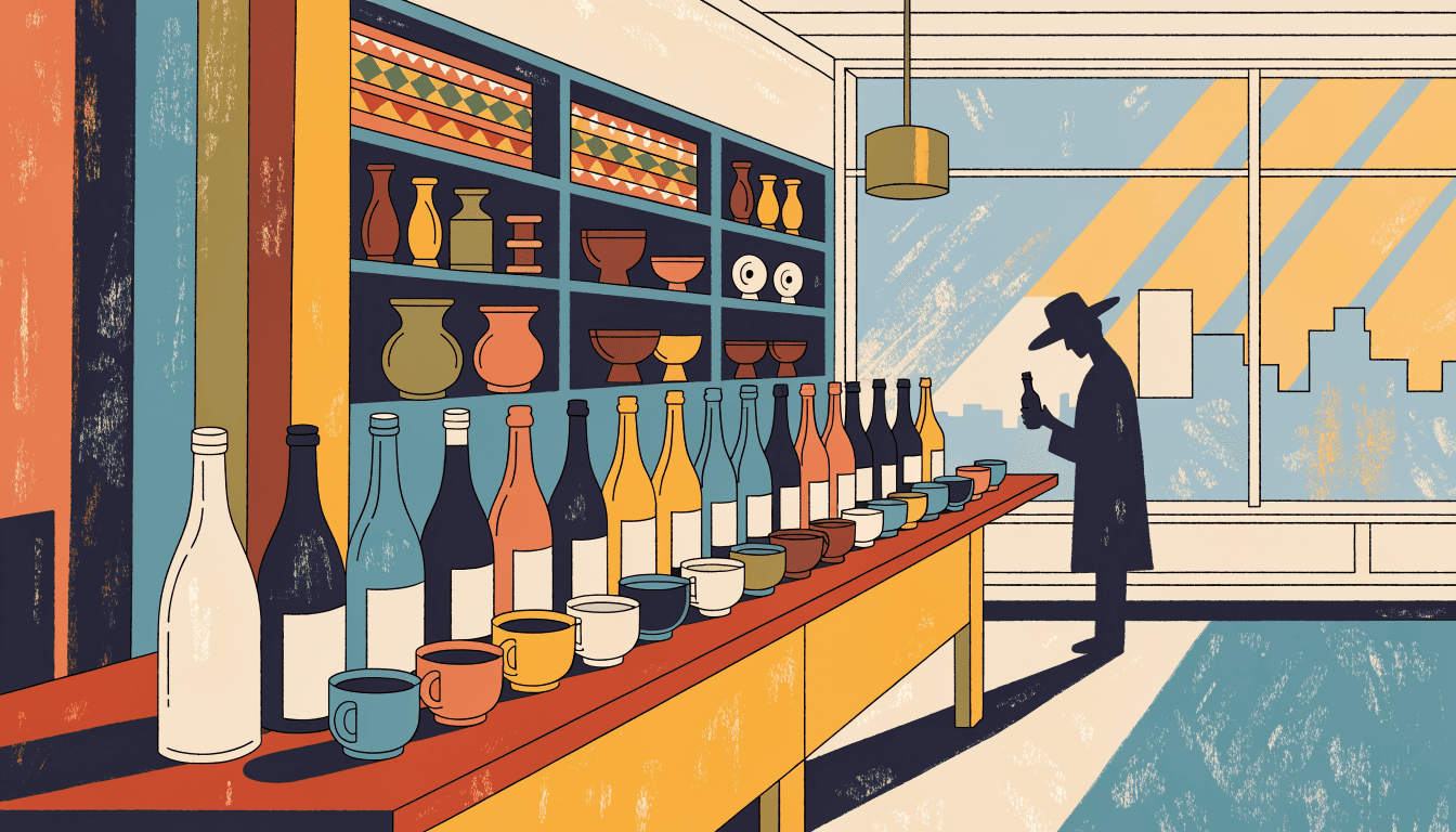 Illustration of a select-shop interior with a wooden counter of sake bottles and ceramic cups, woven crafts on a shelf behind, a silhouette shopper examining a bottle.
