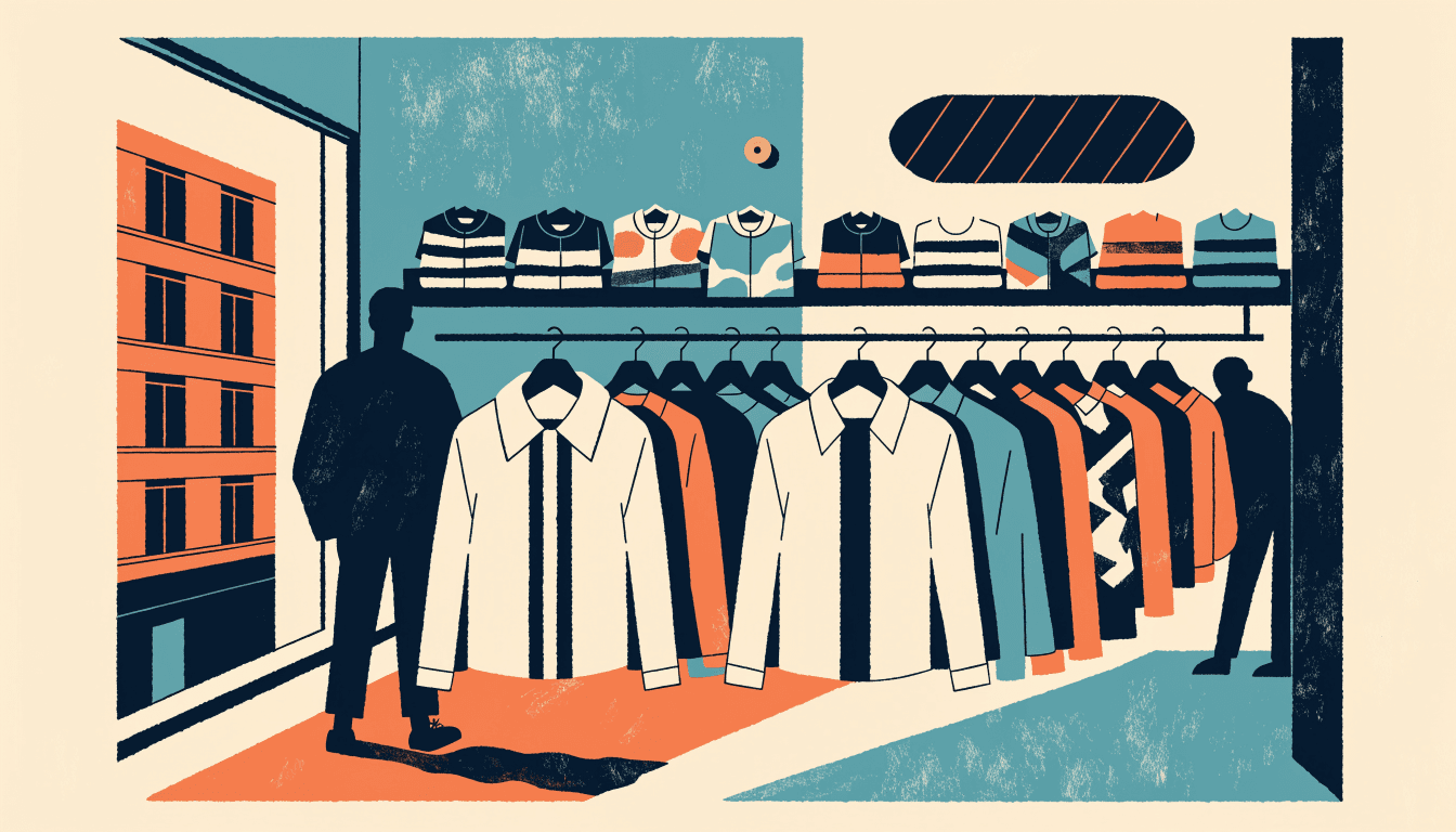 Editorial illustration of a small, graphic-forward streetwear shop interior with a wall of folded T-shirts and hoodies in bold prints, a skateboard deck mounted on display, and a silhouetted young shopper browsing a rack.