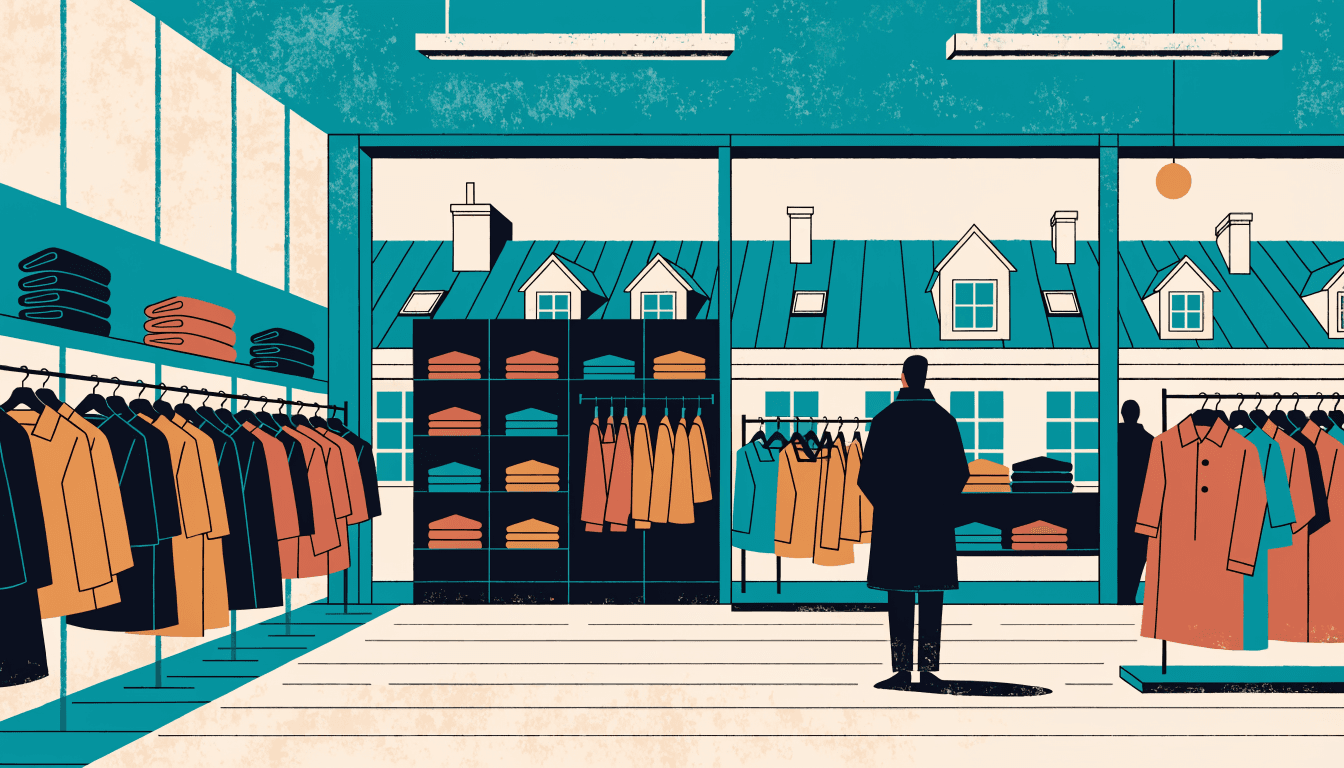 Illustration of a wide, multi-section clothing store inside a train-station shopping mall, racks of casual and tailored menswear and womenswear under one roof, warm editorial style.