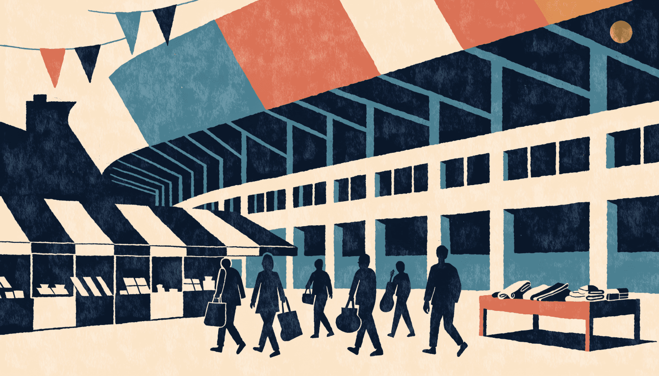 Editorial illustration of a festival plaza outside a large arena with a sweeping suspended roofline, striped canopy market stalls, a wooden flea-market table, pennant flags overhead and silhouetted festivalgoers carrying tote bags and instrument cases, in warm editorial colour.
