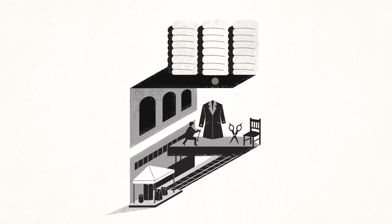 Illustration of a layered cross-section of a wool town, with stacked wool bolts above a tailor working beside an overcoat and shears, and a small pop-up tent at street level