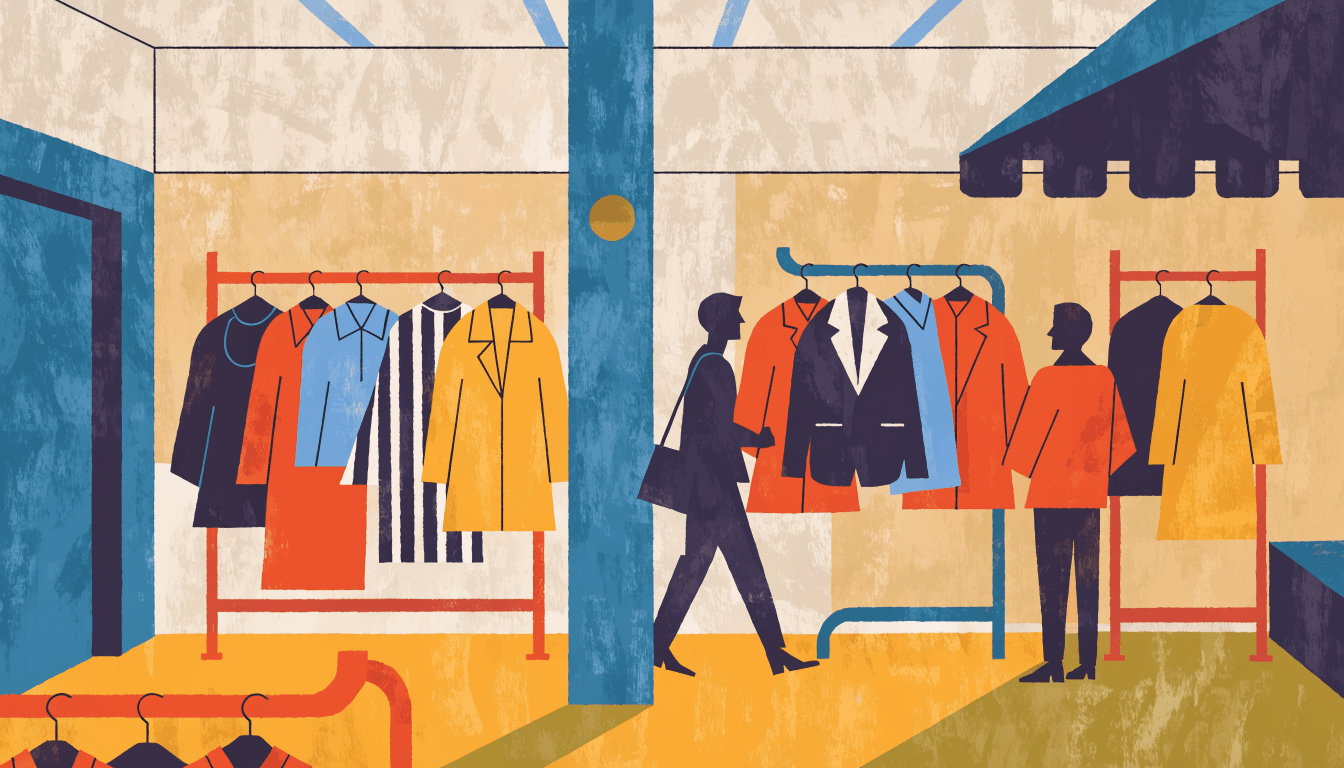 Editorial illustration of a compact station-concourse clothing shop with several distinct clothing racks — casual and more tailored — arranged together under one roof, a couple of silhouette shoppers browsing, warm shop lighting.