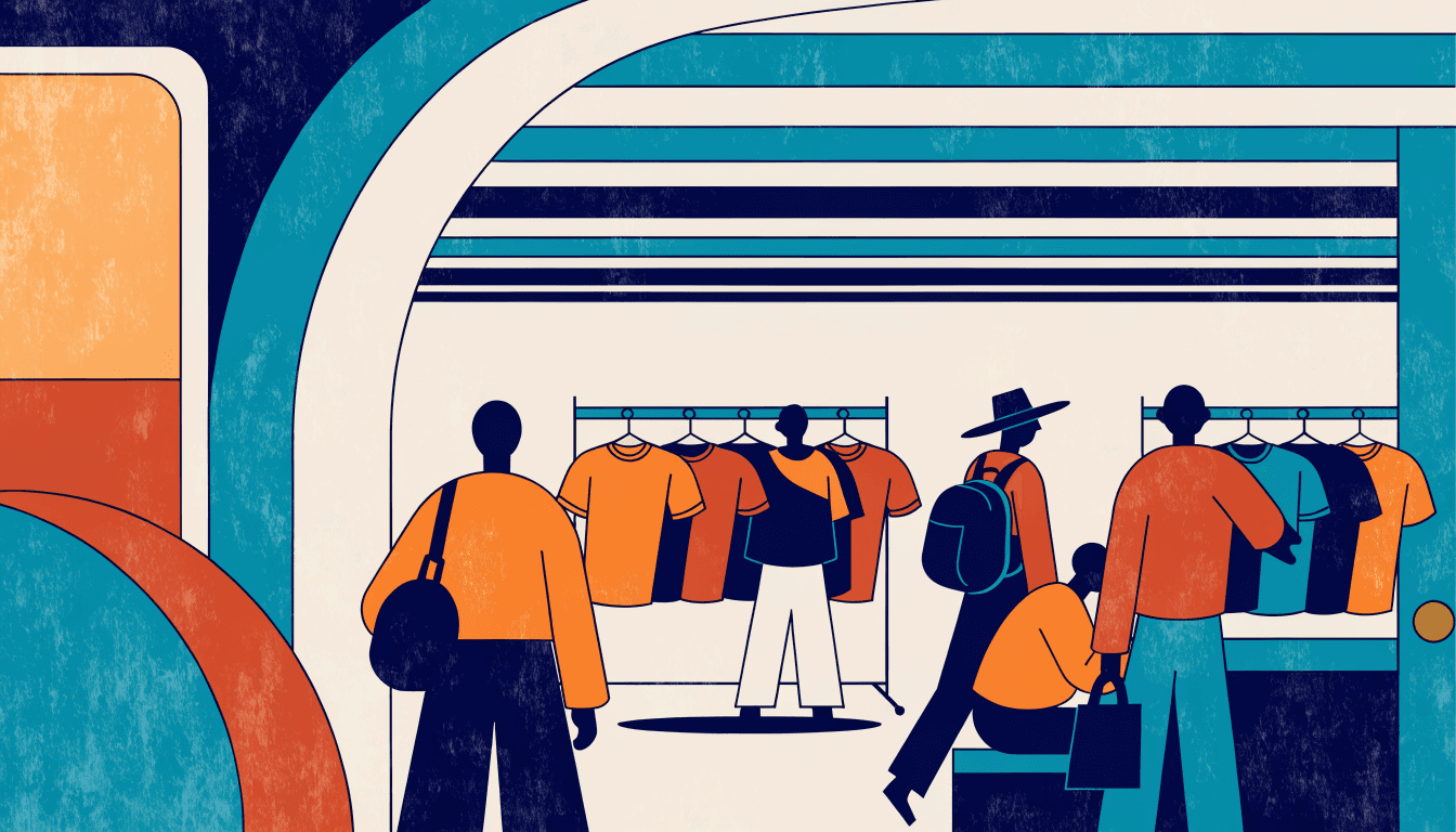 Illustration of a select-shop clothing rack of graphic T-shirts set against a busy trade-show hall