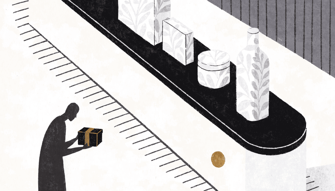 Editorial illustration — A calm department-store beauty pop-up counter with softly lit botanical-themed packaging on display, muted pastel and warm tones, a shopper silhouette examining a small gift box.