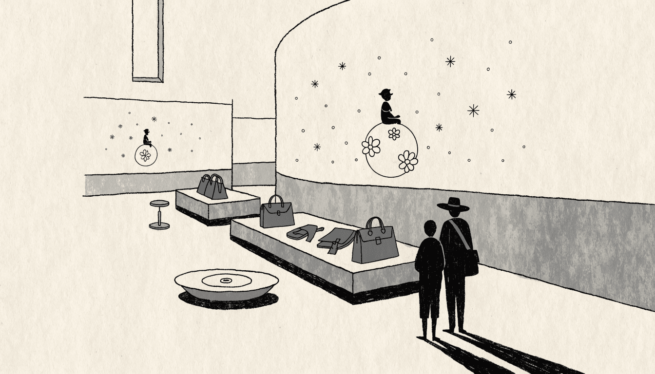 Illustration of leather goods and storybook sketches displayed together in a Ginza gallery space