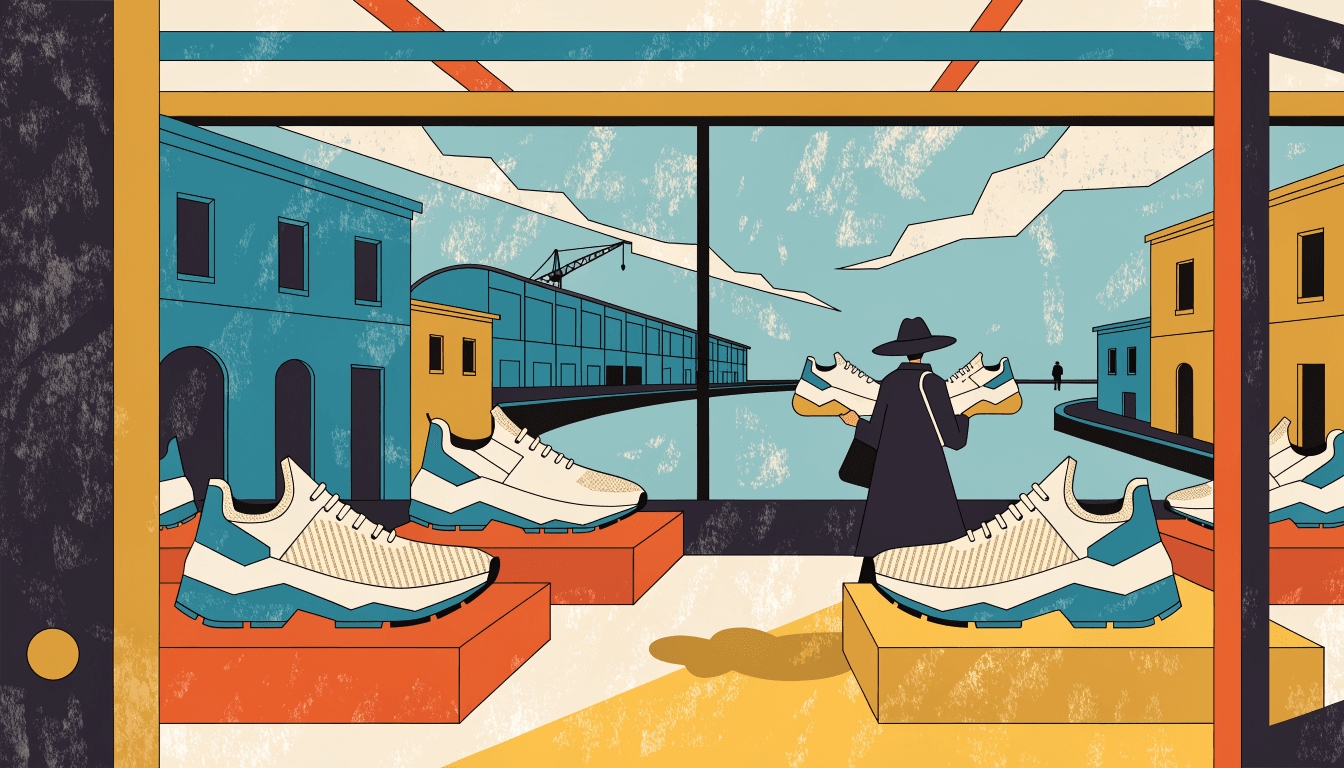 Illustration of knit walking shoes displayed on a department-store sports floor, with a customer comparing insoles