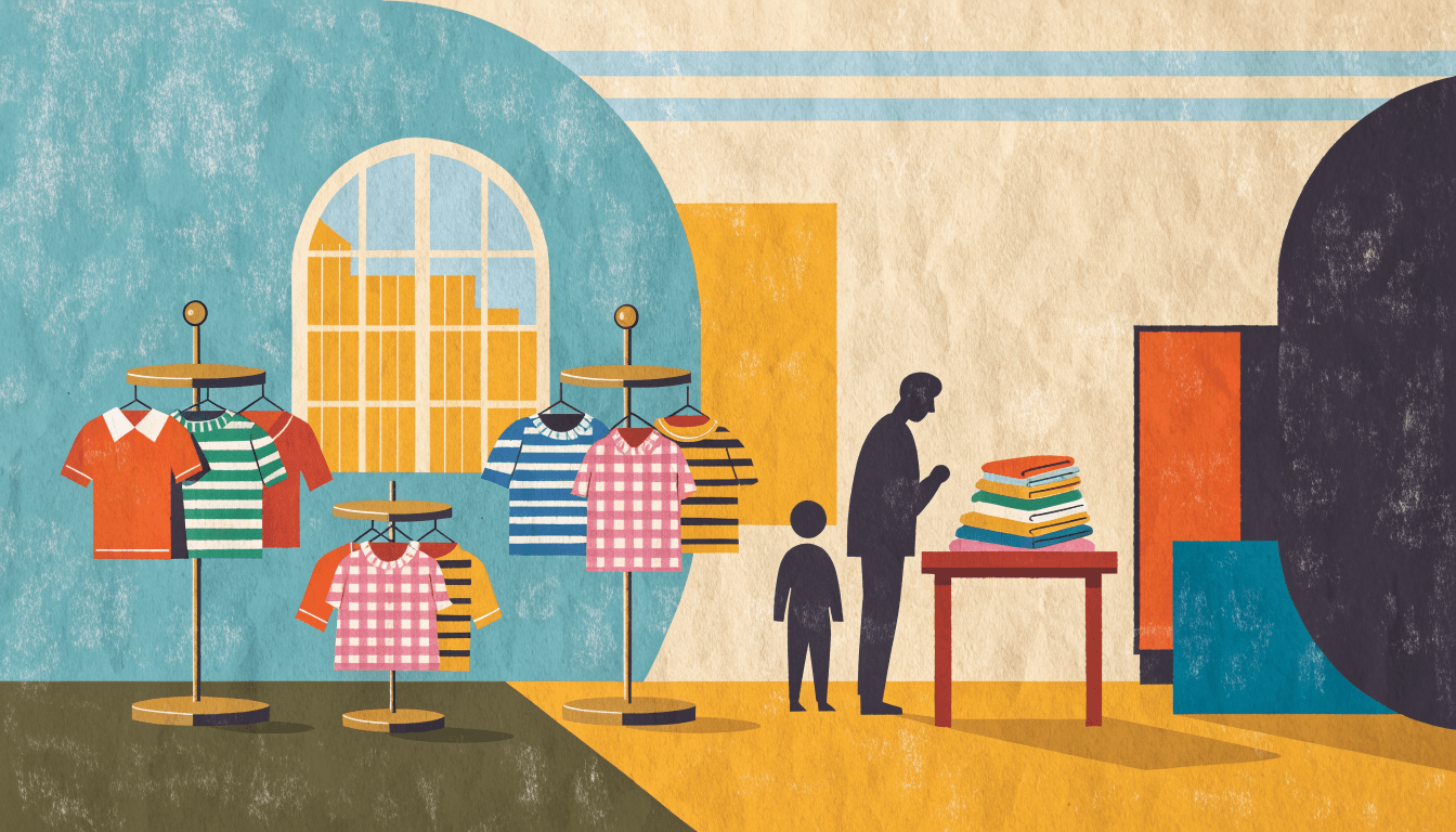 Illustration of a bright, colourful children's clothing corner inside a department store, with racks of small garments and a parent and child browsing.