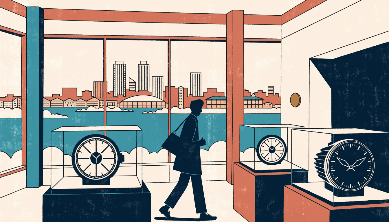 Illustration of a watch boutique corner on a renovated department-store floor overlooking a harbor city skyline