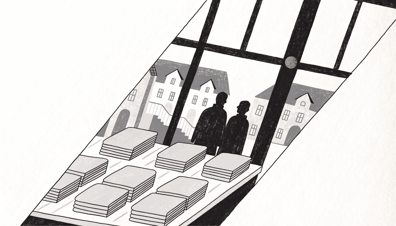 Editorial illustration of a quiet, pared-back Italian luxury boutique interior with folded cashmere knitwear, evoking Brunello Cucinelli's retail floor.