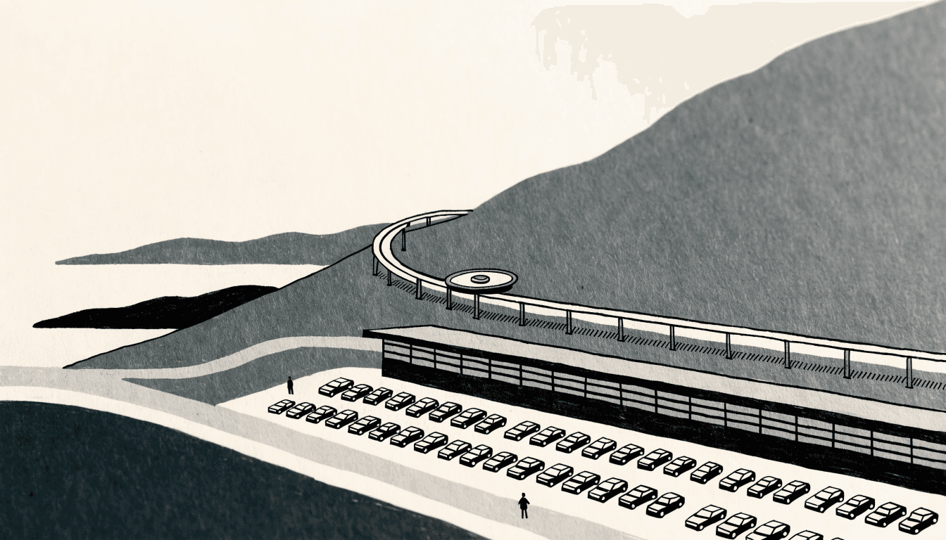Illustration of a low-rise suburban home centre at the edge of a wooded Kamakura hillside, its wide car park lined with parked cars, a monorail line running along the ridge behind it.