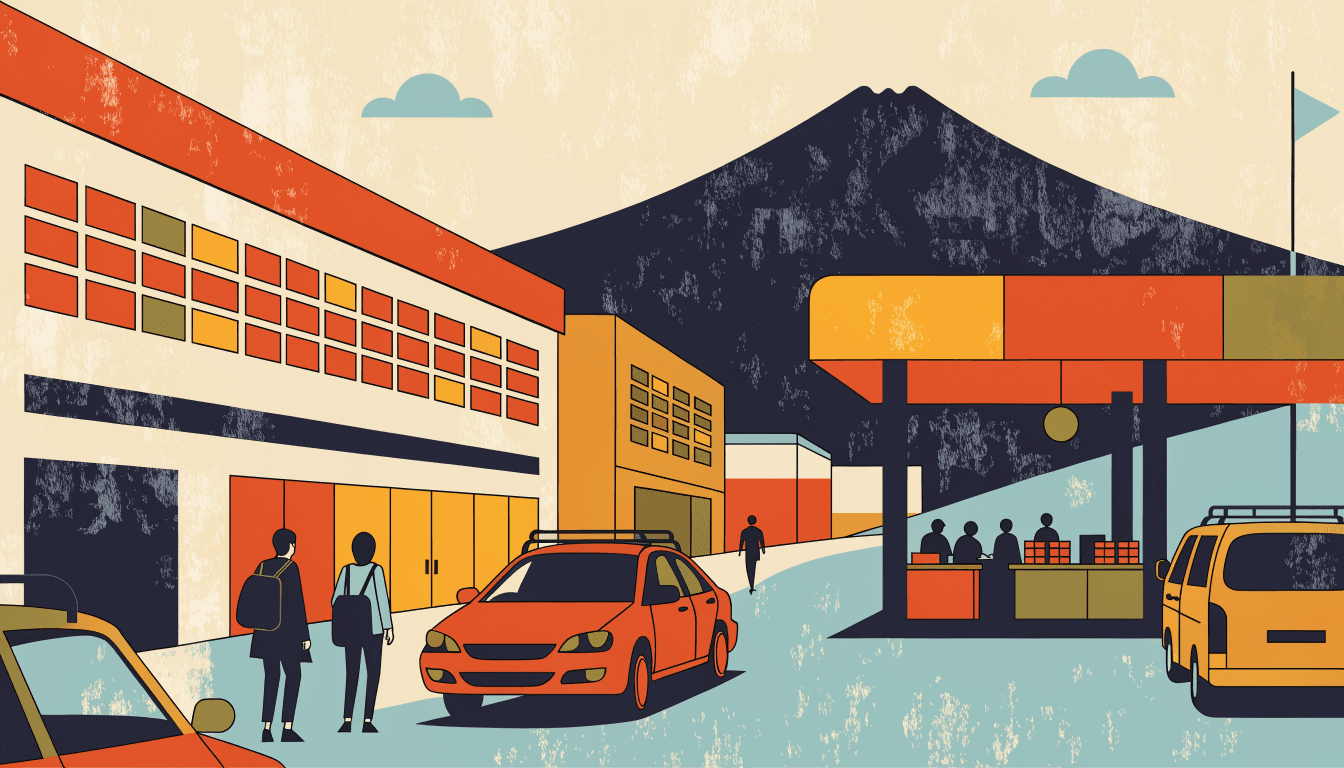 Illustration of a home-improvement store beside a roadside rest stop in Gunma