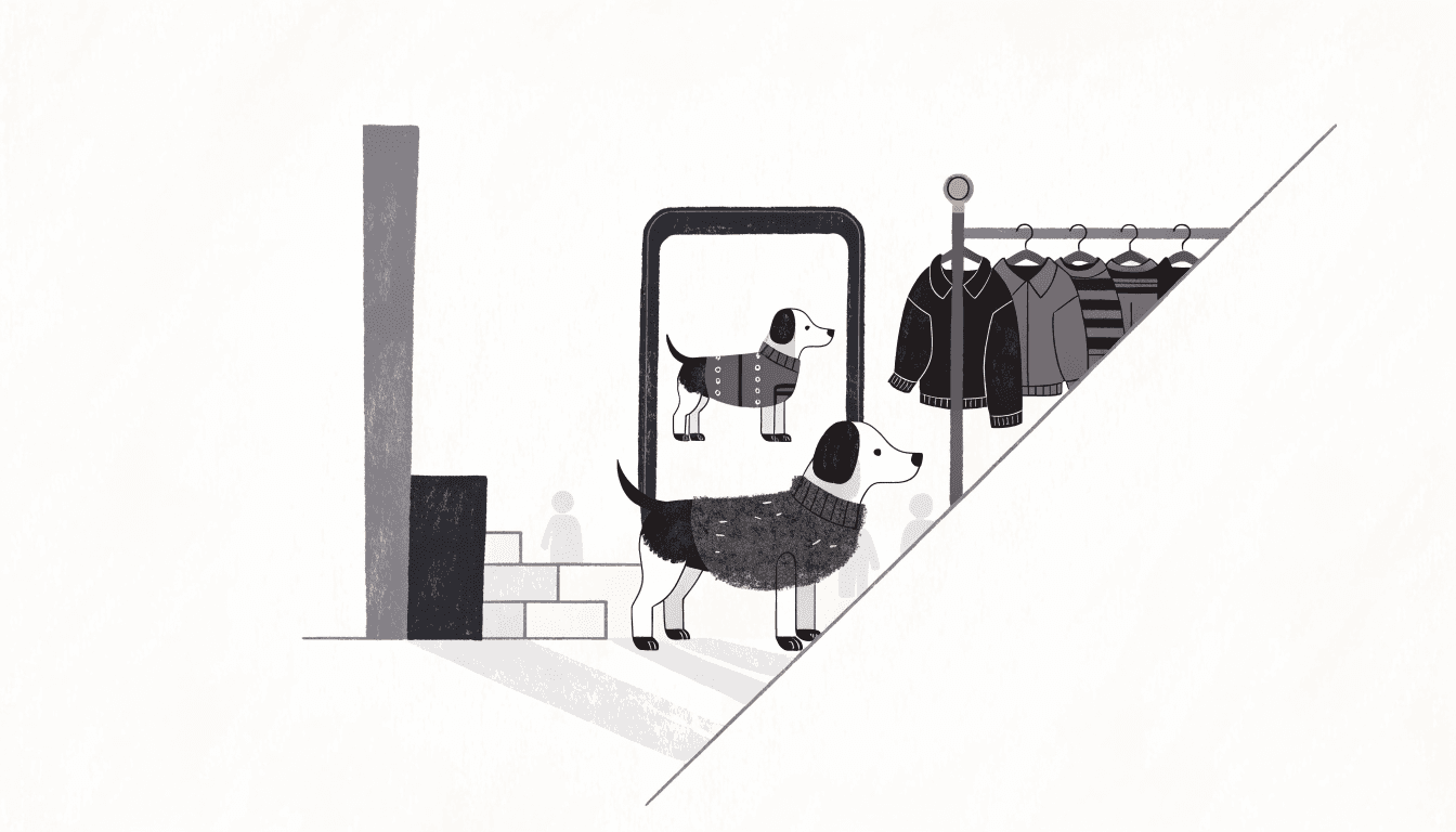 Editorial illustration of a small dog in a knitted coat standing before a large phone-shaped frame that shows a preview of the same dog in a different jumper, with a rack of pet clothes beside it, in calm near-monochrome with one brass accent.