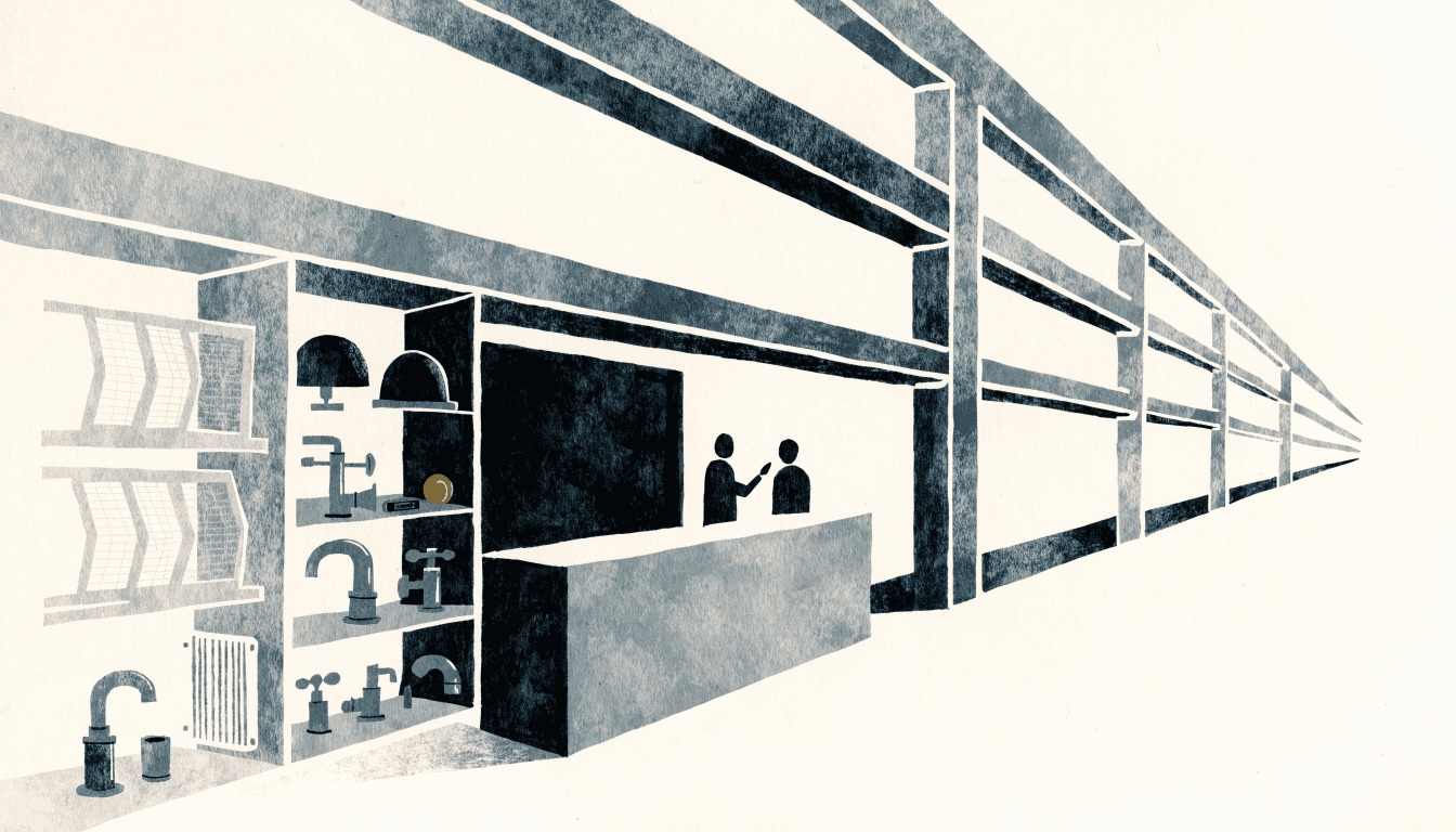 Editorial illustration of a small renovation-consultation shopfront inside a station-front shopping centre, with shelving of home-repair parts and fixtures.