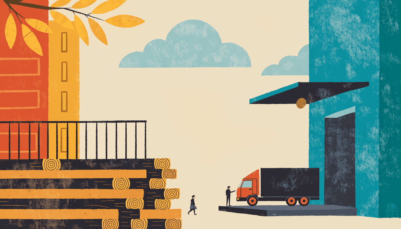 Illustration of a wood-materials supply yard: stacked timber beams and building panels beside a loading dock, a delivery truck waiting under an autumn sky.