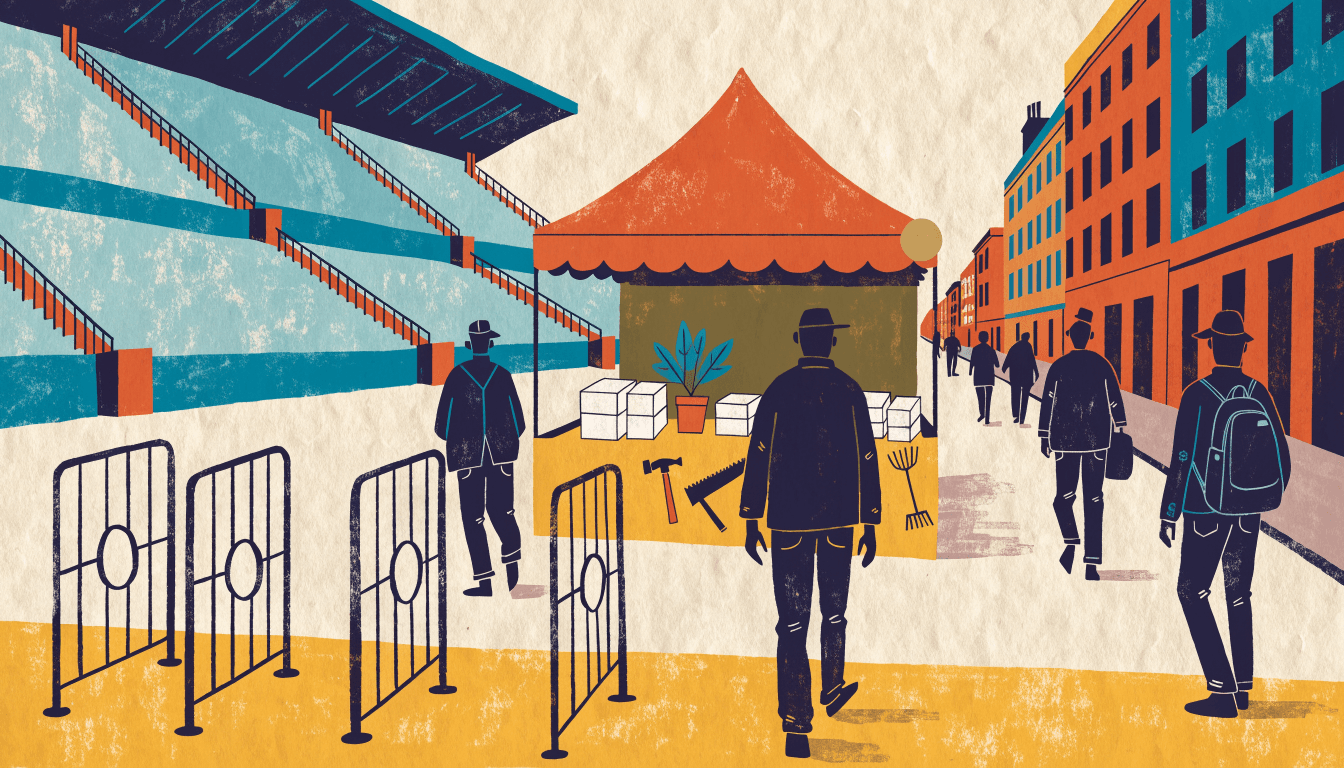 Illustration of a stadium forecourt on match day, with a pop-up tent of tools and a potted plant beside the turnstile gates