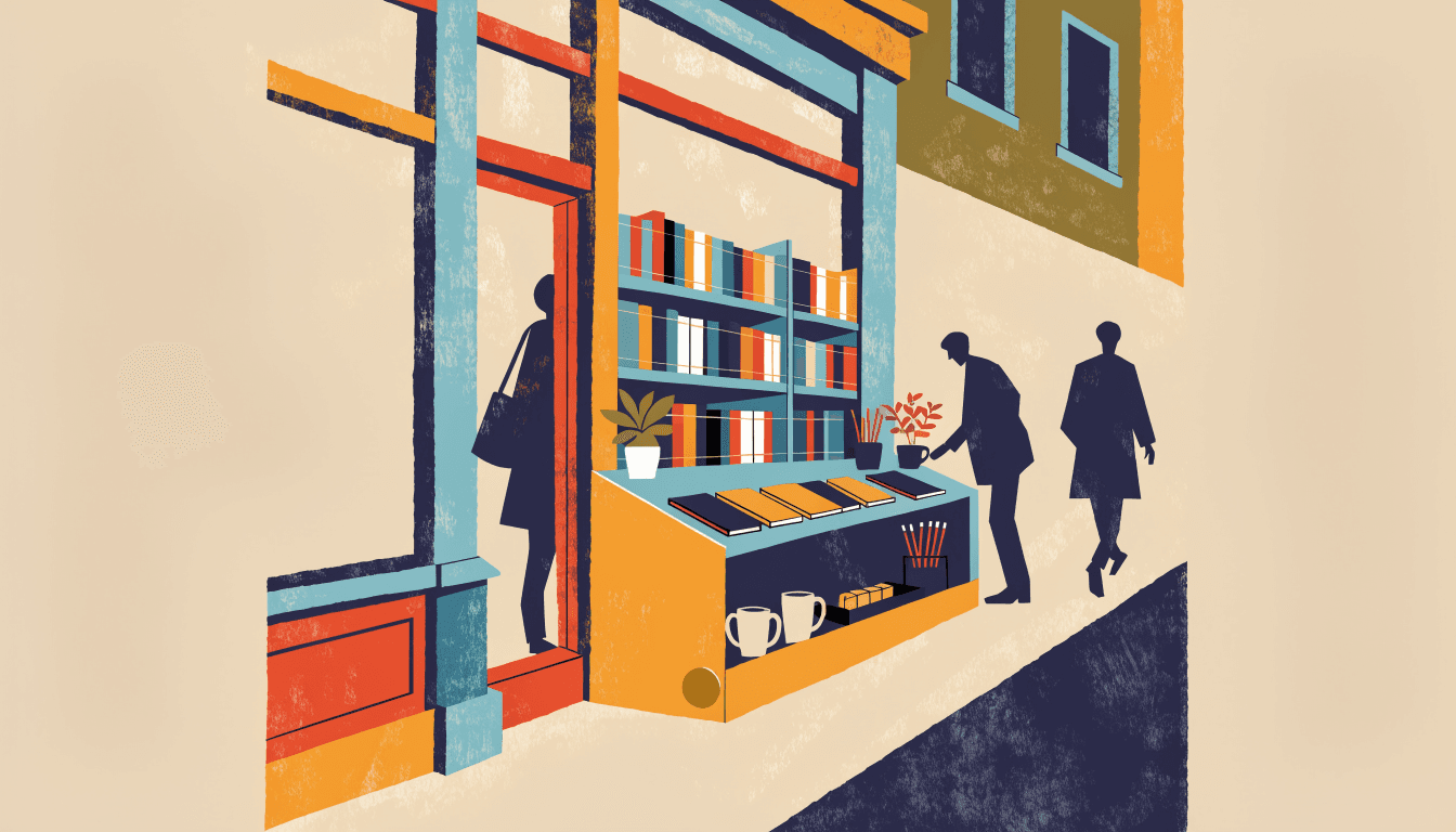 Editorial illustration of flat-pack wooden display shelving being assembled on a small bookshop floor.
