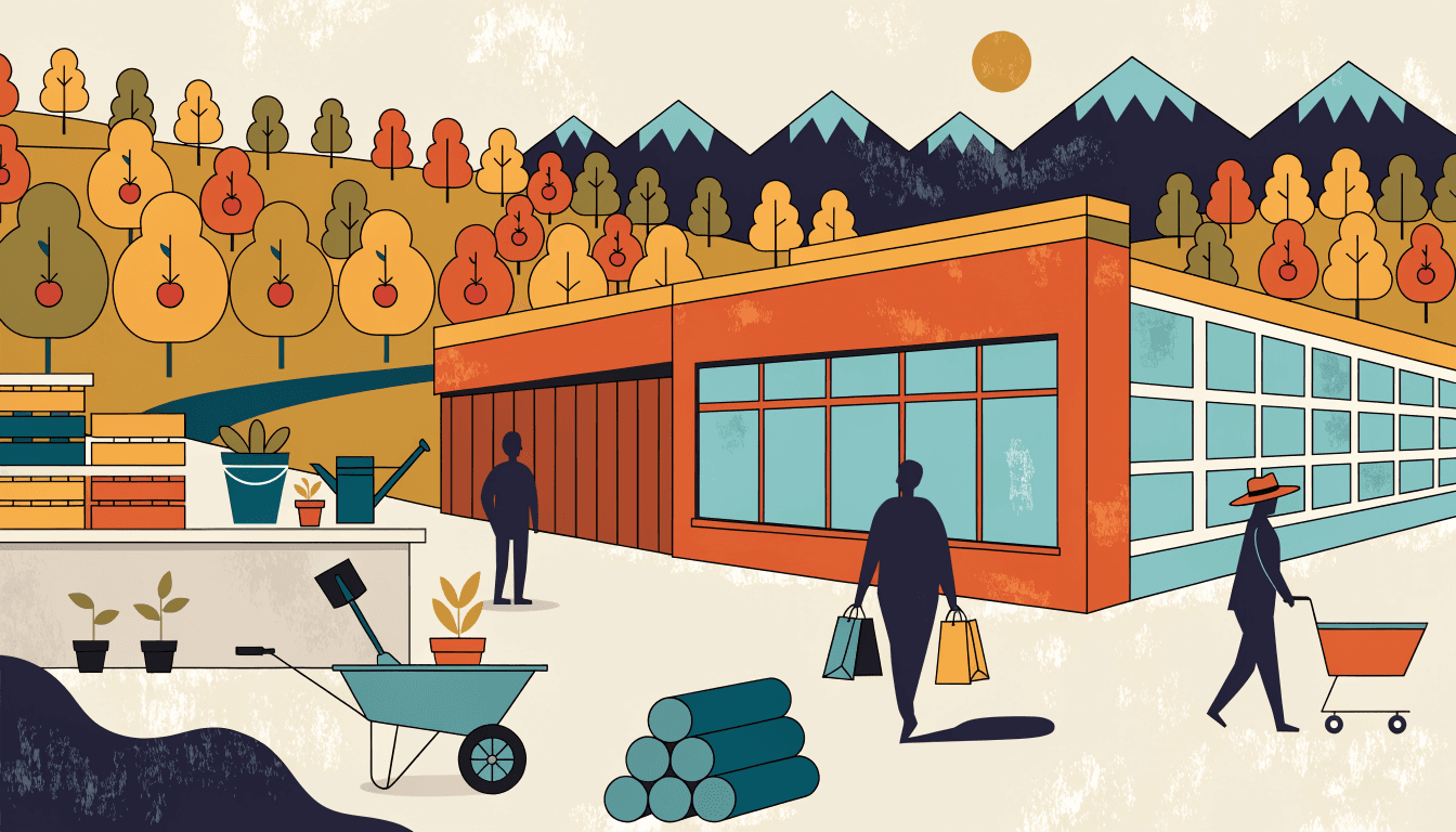 Illustration of a large home-improvement store exterior with farm-supply displays in rural Nagano