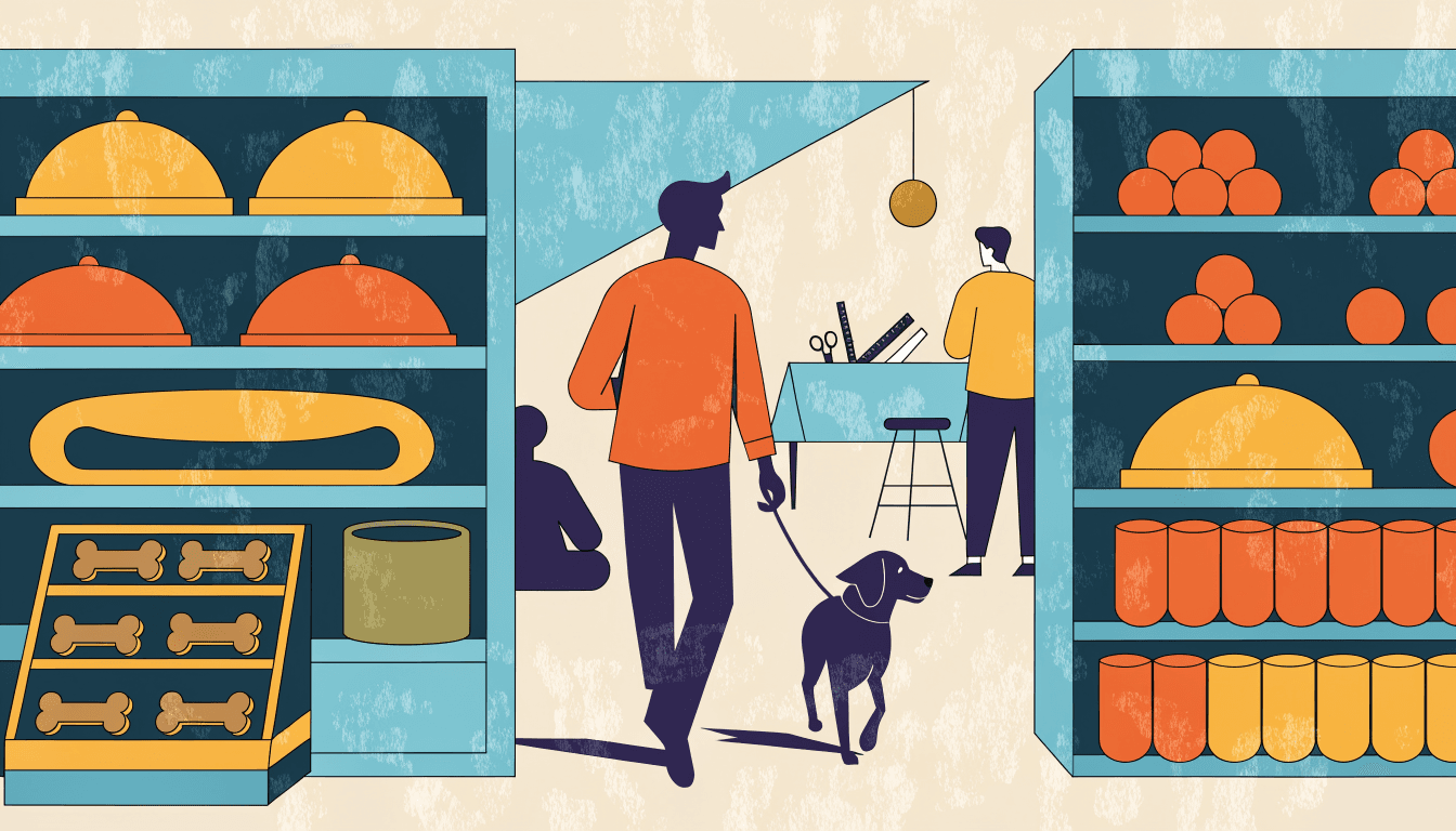 Illustration of a home-centre aisle warmly dressed for an autumn dog-themed campaign: pet beds and treat displays on wide shelves, a small craft table in the background, a leashed dog and its owner browsing between the shelves.