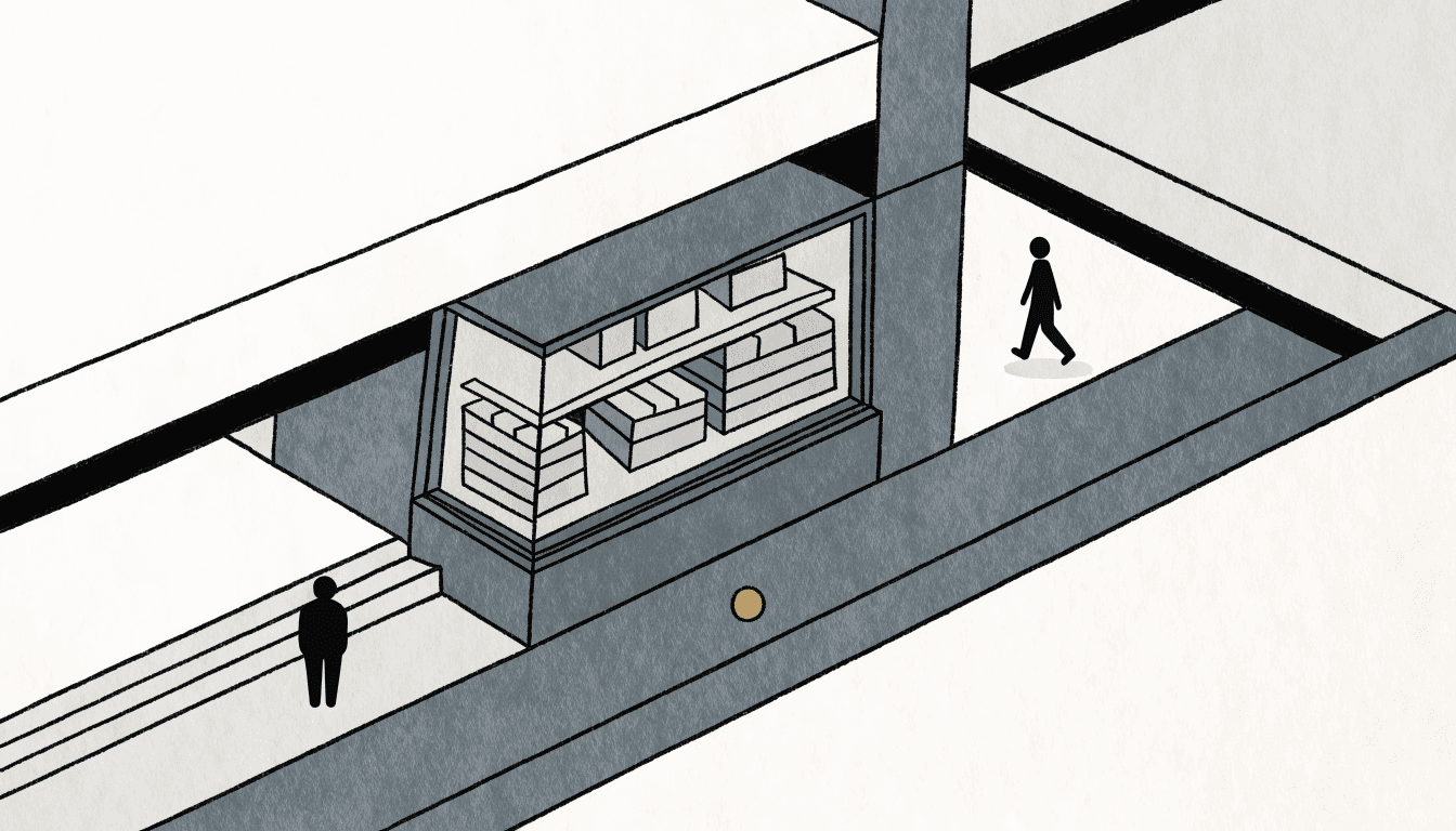 A flat-vector illustration of a compact home-goods storefront tucked beneath a shopping-mall walkway, with silhouetted shoppers passing by.