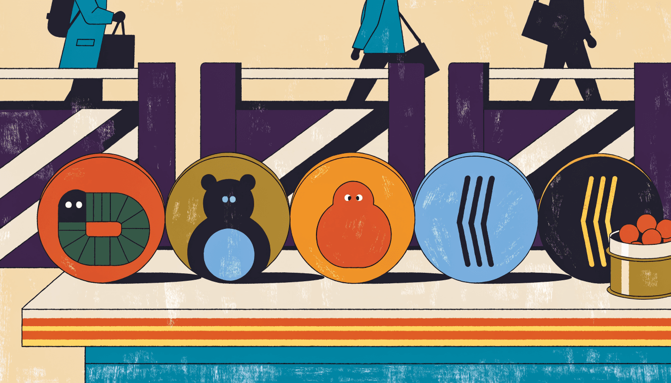 Editorial illustration of a row of round cookie tins on a station-front pop-up counter, each tin bearing a different simple storybook motif, with commuters in silhouette behind, in a warm flat-vector style.