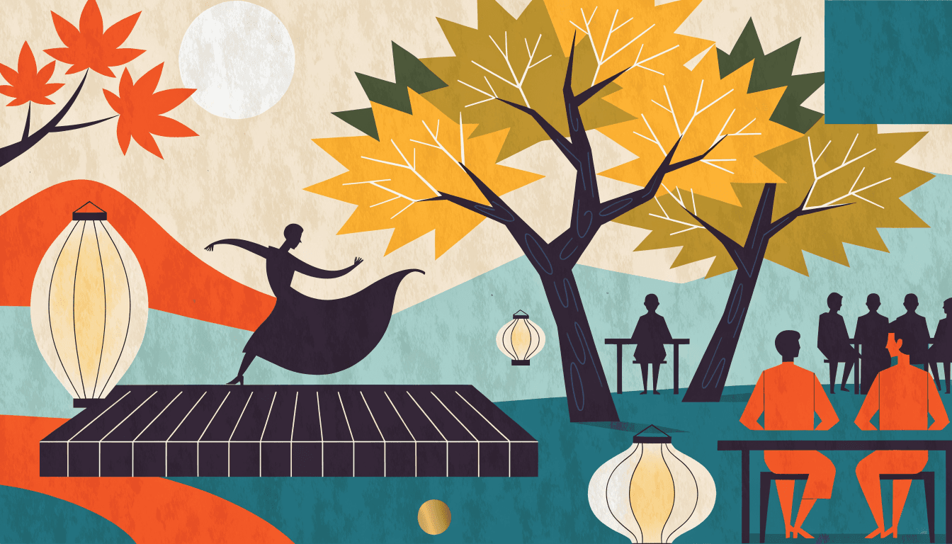 Editorial illustration — an evening reception in a traditional Japanese garden setting, lantern light and a silhouette figure in a dance pose.