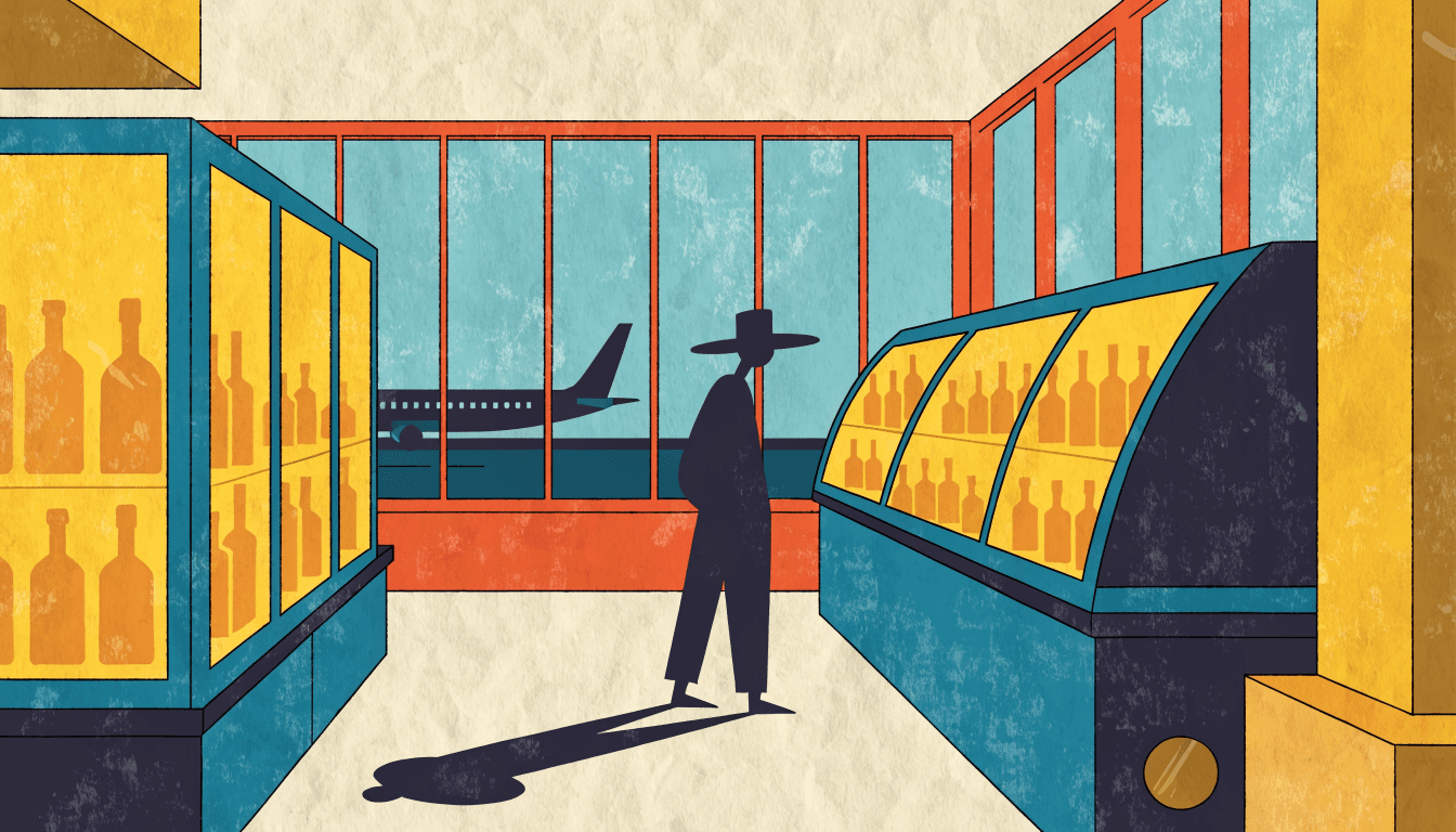 Editorial illustration of an airport duty-free shop at dusk — glass display cases, a lone silhouette traveller browsing, and a jet visible through the terminal windows beyond.