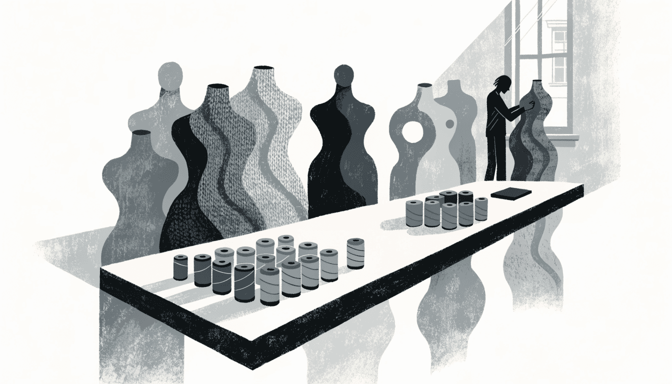 Editorial illustration of an airy minimalist fashion atelier with sculptural knitted garments on abstract mannequins and a long design table with yarn spools, one silhouette figure studying a garment.