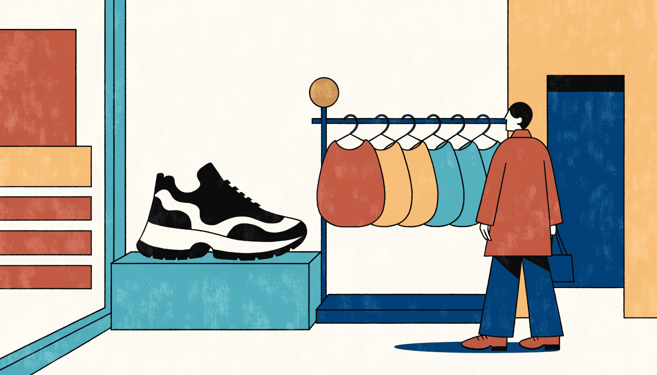 Editorial illustration of a single sculptural sneaker displayed on a plinth in a department-store pop-up, beside a rack of folded knitwear, with a shopper glimpsed from the side pausing to look.