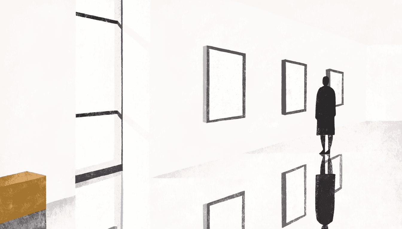 Illustration of a calm gallery room in Ginza with blank portrait frames on pale walls and a single visitor seen from behind, in a restrained near-monochrome editorial style.