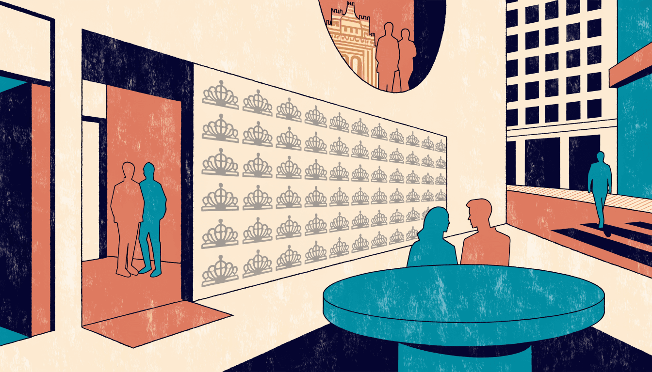 Editorial illustration of a luxury jewellery boutique interior in Osaka, a nickel-silver tiara-motif wall on the ground floor, and a glimpse of a gold-leaf castle relief through an upper doorway, warm near-monochrome palette with a touch of gold.
