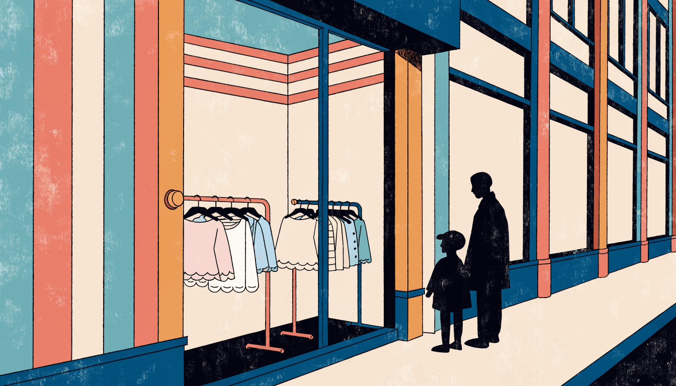 A warm flat-vector illustration of a children's-wear pop-up shop window with small clothing racks at child height and soft pastel textiles, a silhouette parent and child standing outside.