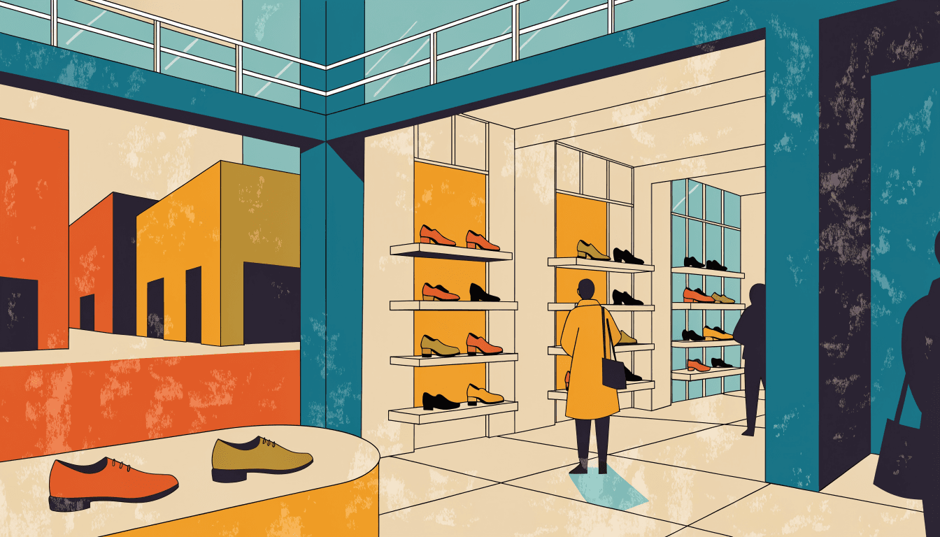 ステンレス調とグレーを基調としたミニマルな靴店の店内イラスト。整然と並ぶシューズと、明るい郊外型商業施設の雰囲気を描いている。