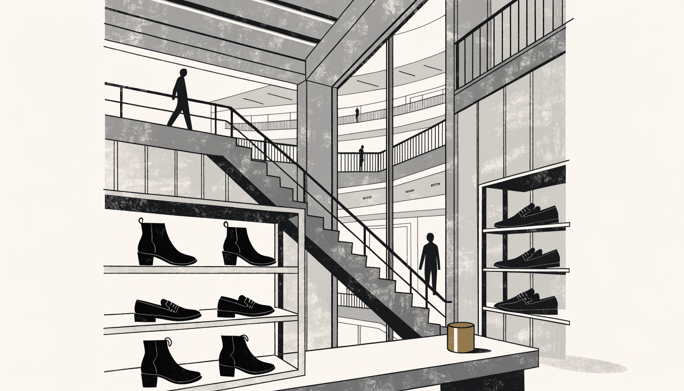 Editorial illustration of a minimalist shoe-shop interior in stainless-steel and grey tones, with rows of boots and loafers on open shelving and a mall atrium visible through a glass storefront.