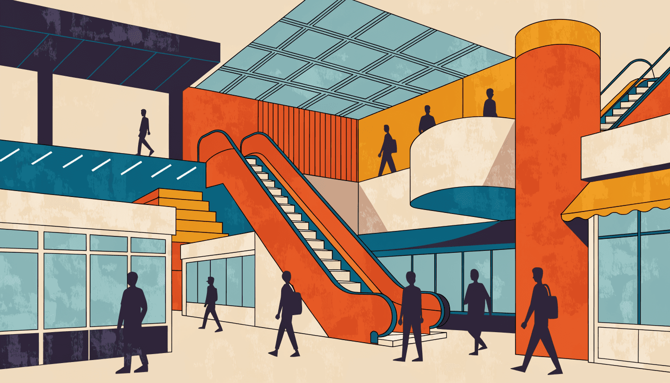 Illustration of a lively suburban shopping-mall atrium with an escalator, glass-roofed light well, and shoppers moving between storefronts.