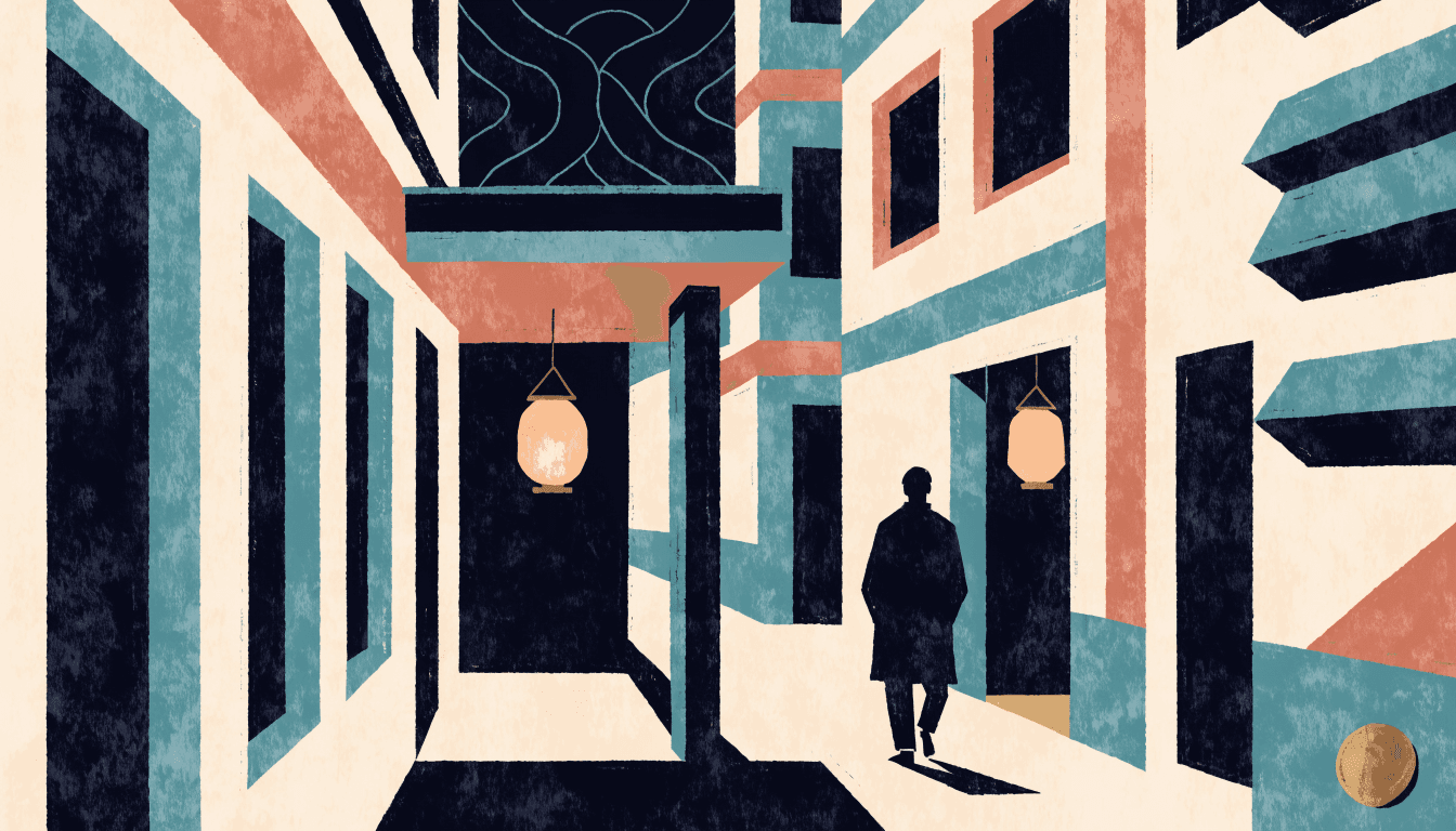 Editorial illustration of a narrow Osaka back-alley lined with small izakaya doorways glowing under warm lantern light, a silhouette figure walking past, with a hint of indigo-dyed cloth pattern layered into the scene.