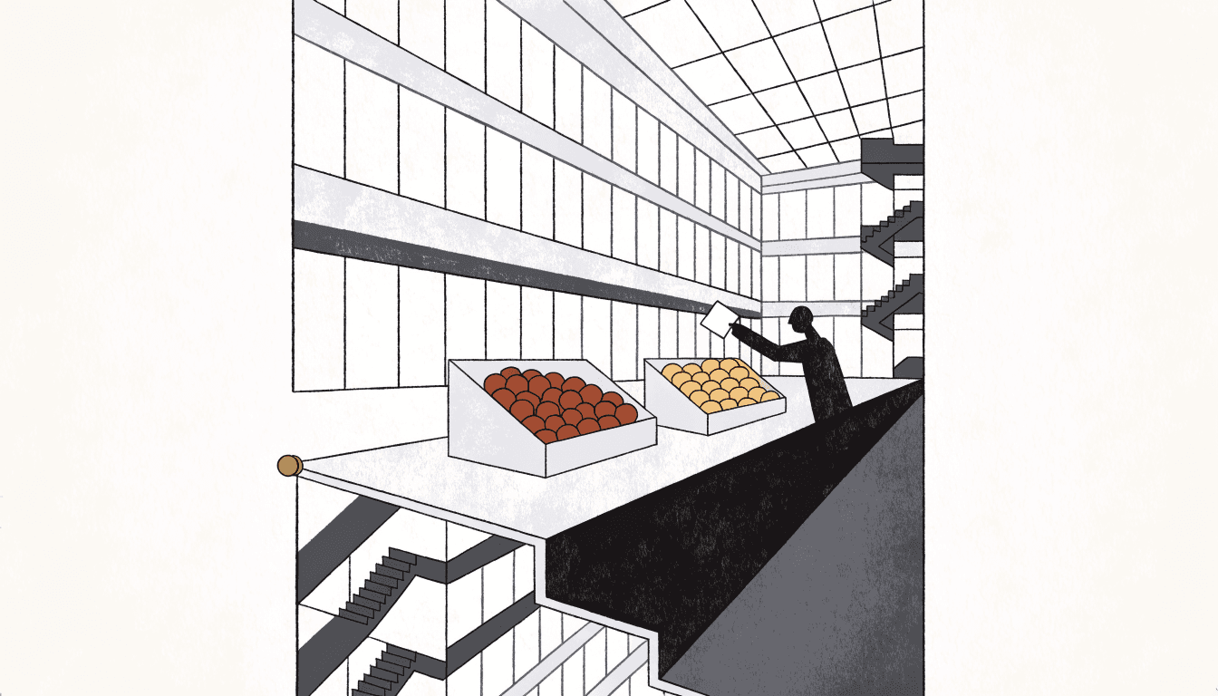 Illustration of a department-store basement food hall with two ballot boxes, one piled with red-bean sweets, the other with butter pastries