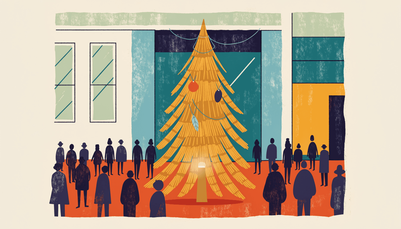 Illustration of a department-store plaza Christmas tree woven from dried grassland reed, with handmade ornaments and a crowd gathered at dusk