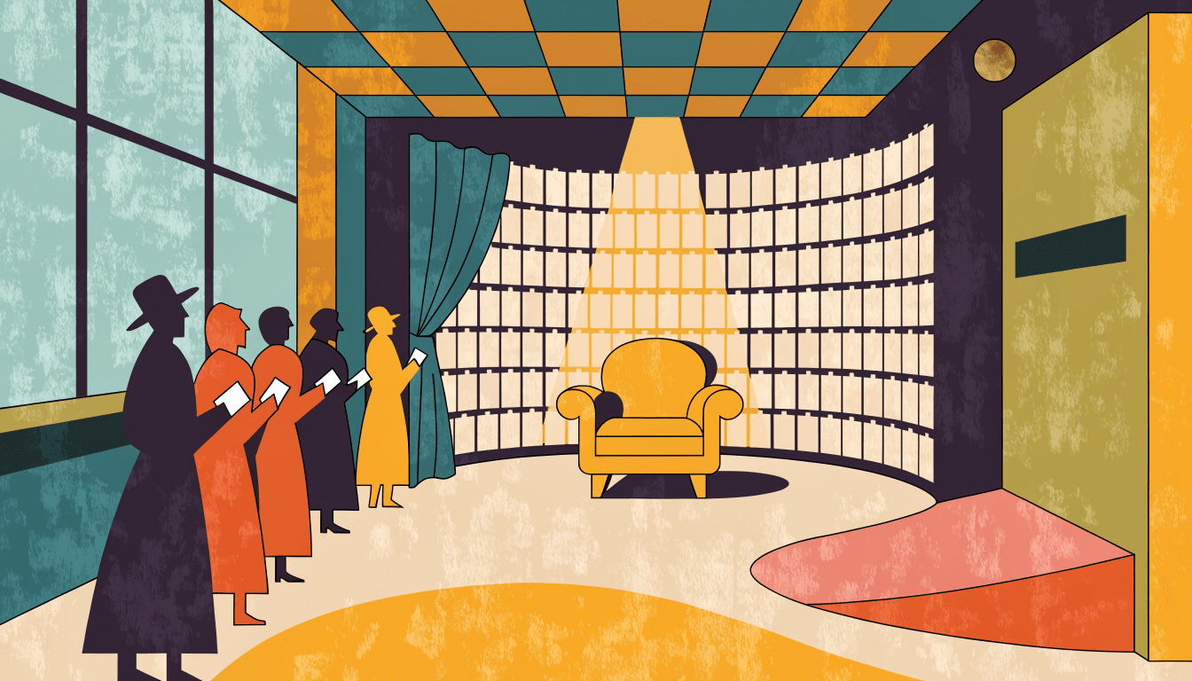 Illustration of a department-store exhibition hall styled as a vintage television talk-show set, with a single spotlighted armchair
